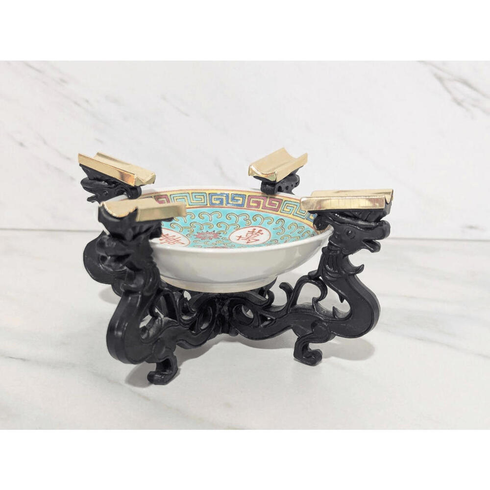 Vintage MCM Chinese Porcelain Bowl Wood Dragon Motif Stand  Ash Tray